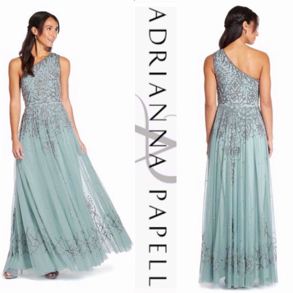 Adrianna Papell one shoulder light blue beaded long gown - Picture 5 of 13